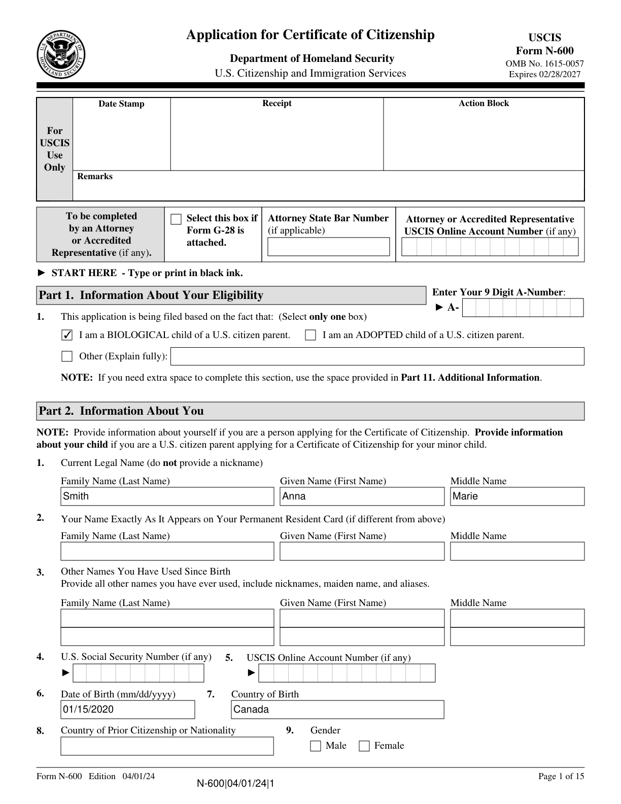 Form N 600 Application For Certificate Of Citizenship Examples 