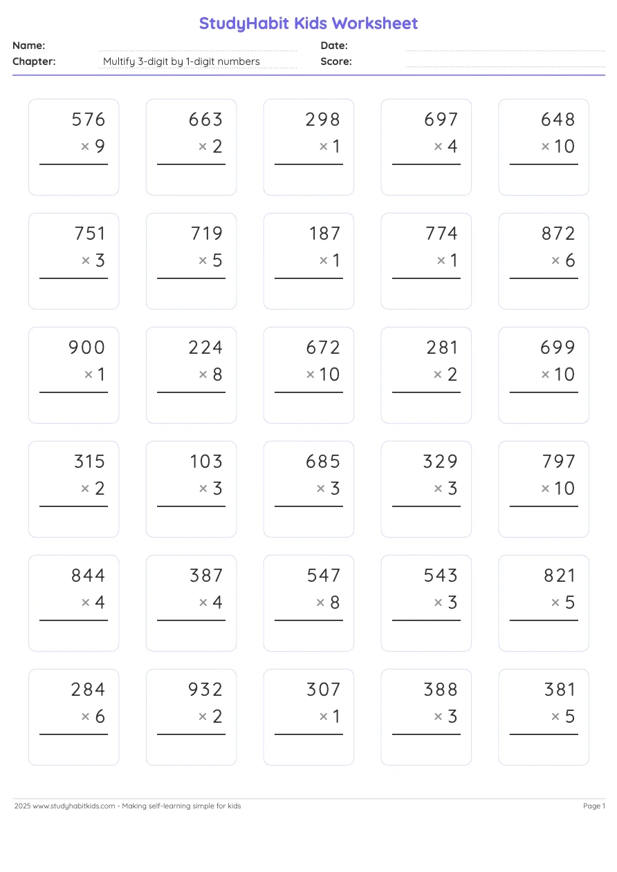 Fourth Grade Multiplication Worksheets Multify 3 digit By 1 