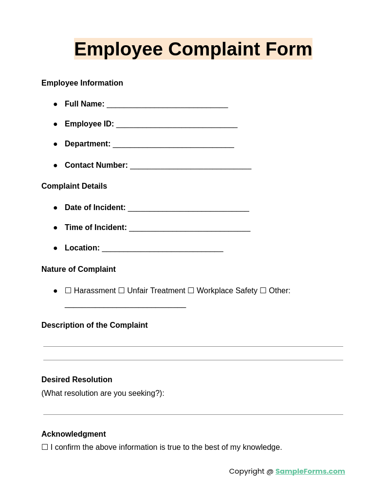 Printable Formal Complaint Form