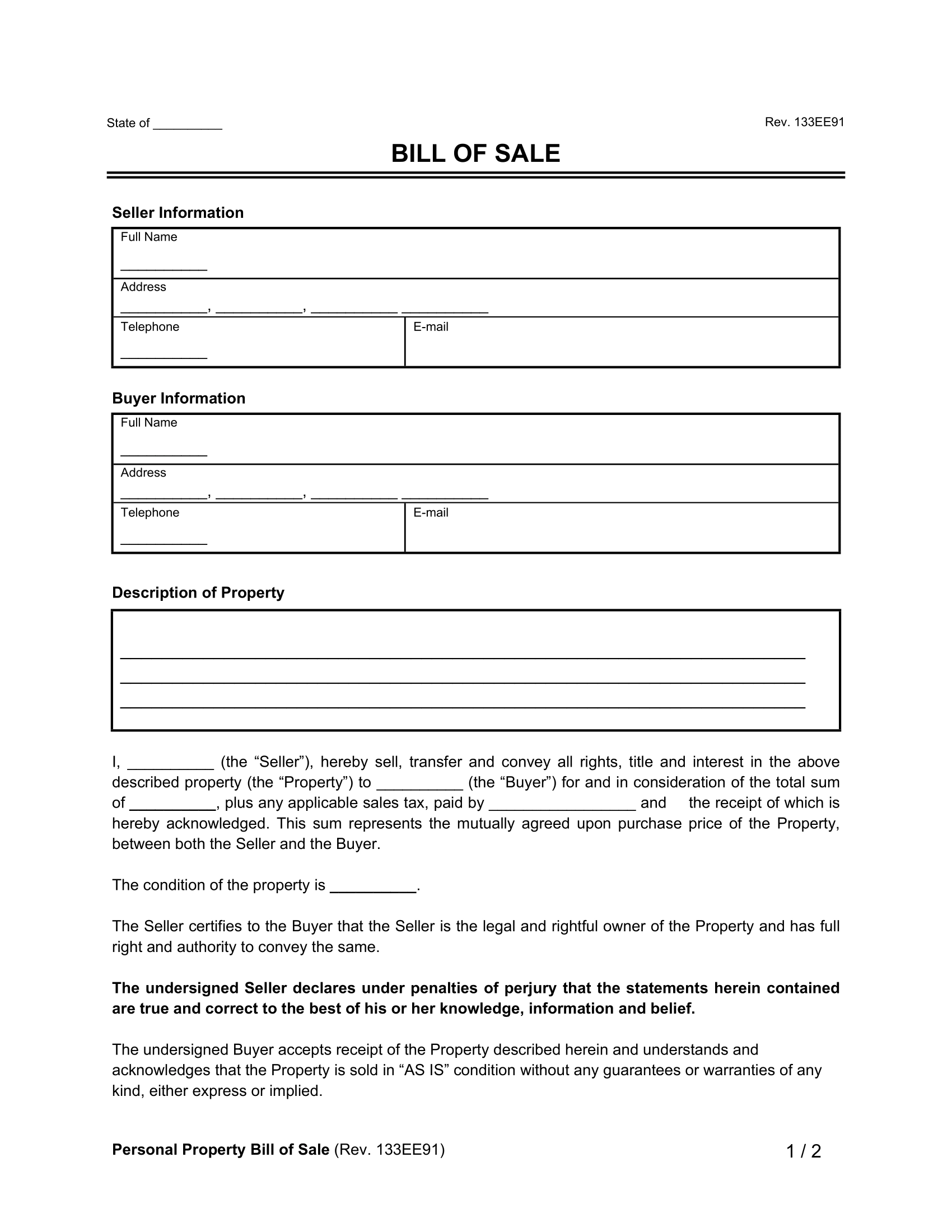 Free Bill Of Sale Templates PDF amp Word