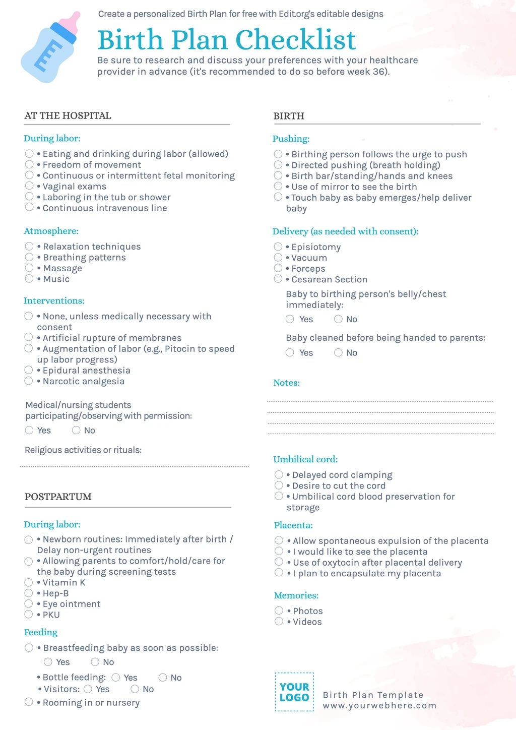 Free Birth Plan Templates