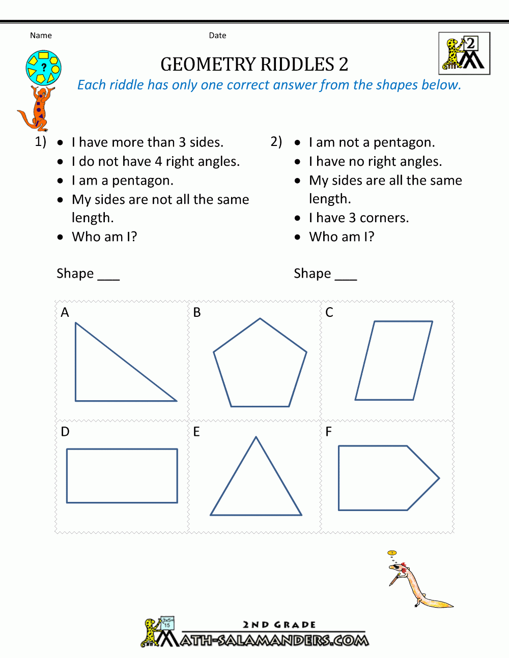 Printable Worksheets For 2nd Grade Geometry