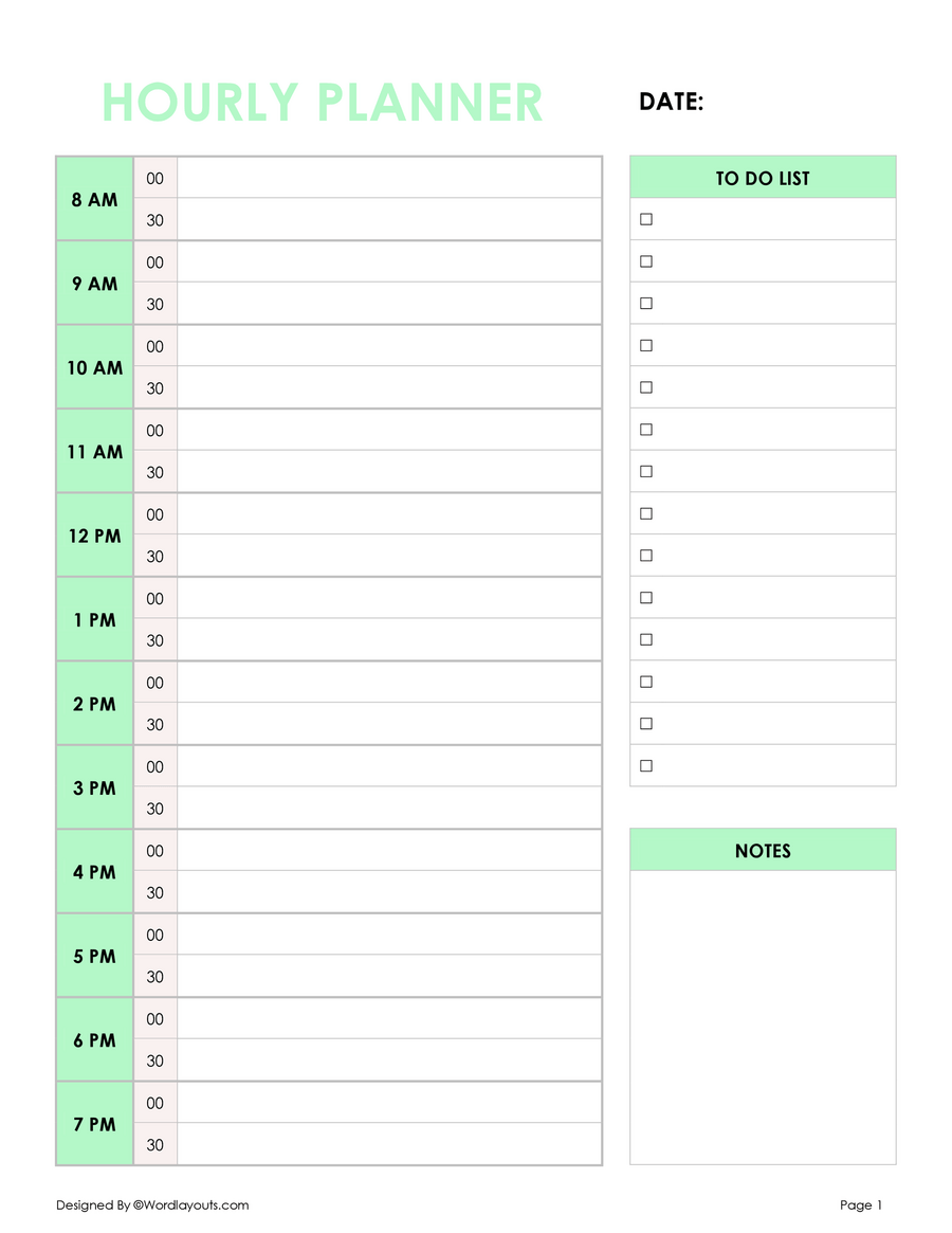 Free Hourly Planner Template Printable WordLayouts