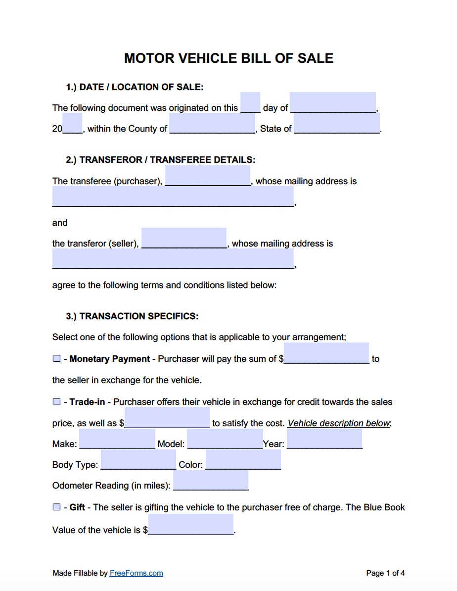 Free Printable Bill Of Sale Template For Car