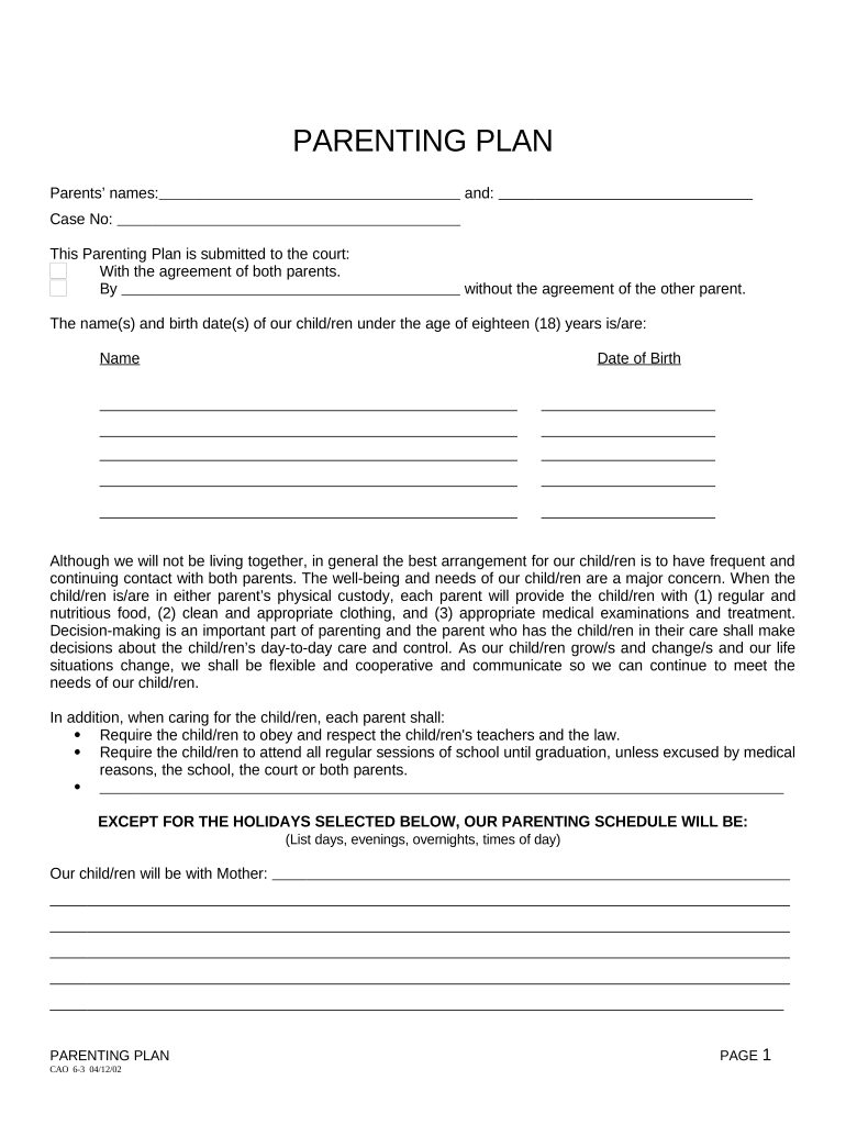 Free Printable Parenting Plan Form