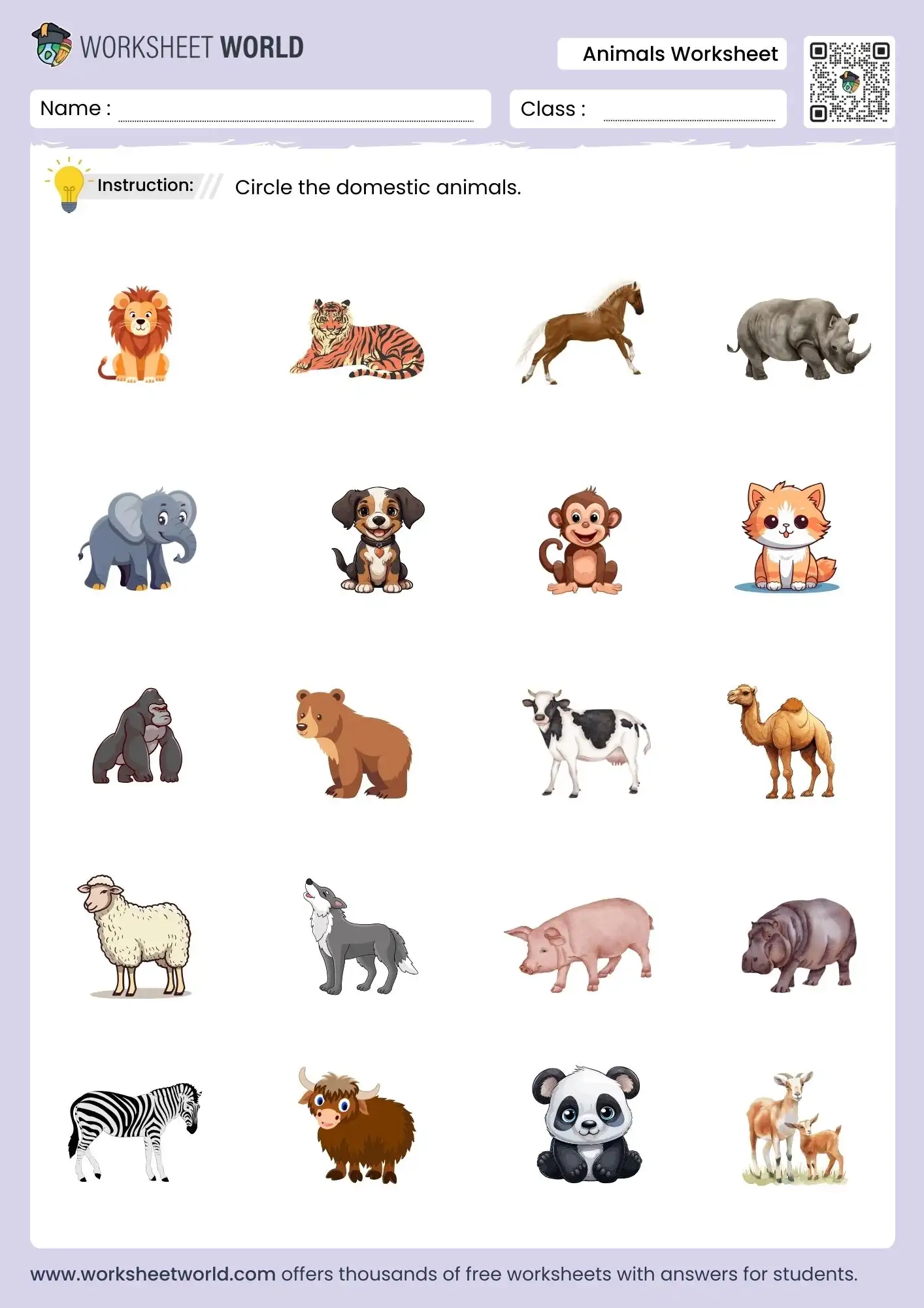 Free Printable Circle The Domestic Animals Worksheet For Kids 