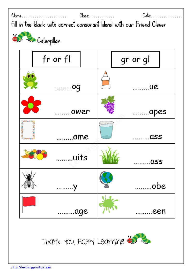 Free Printable Fr Fl Gr And Gl Blending Worksheet Grade 1 