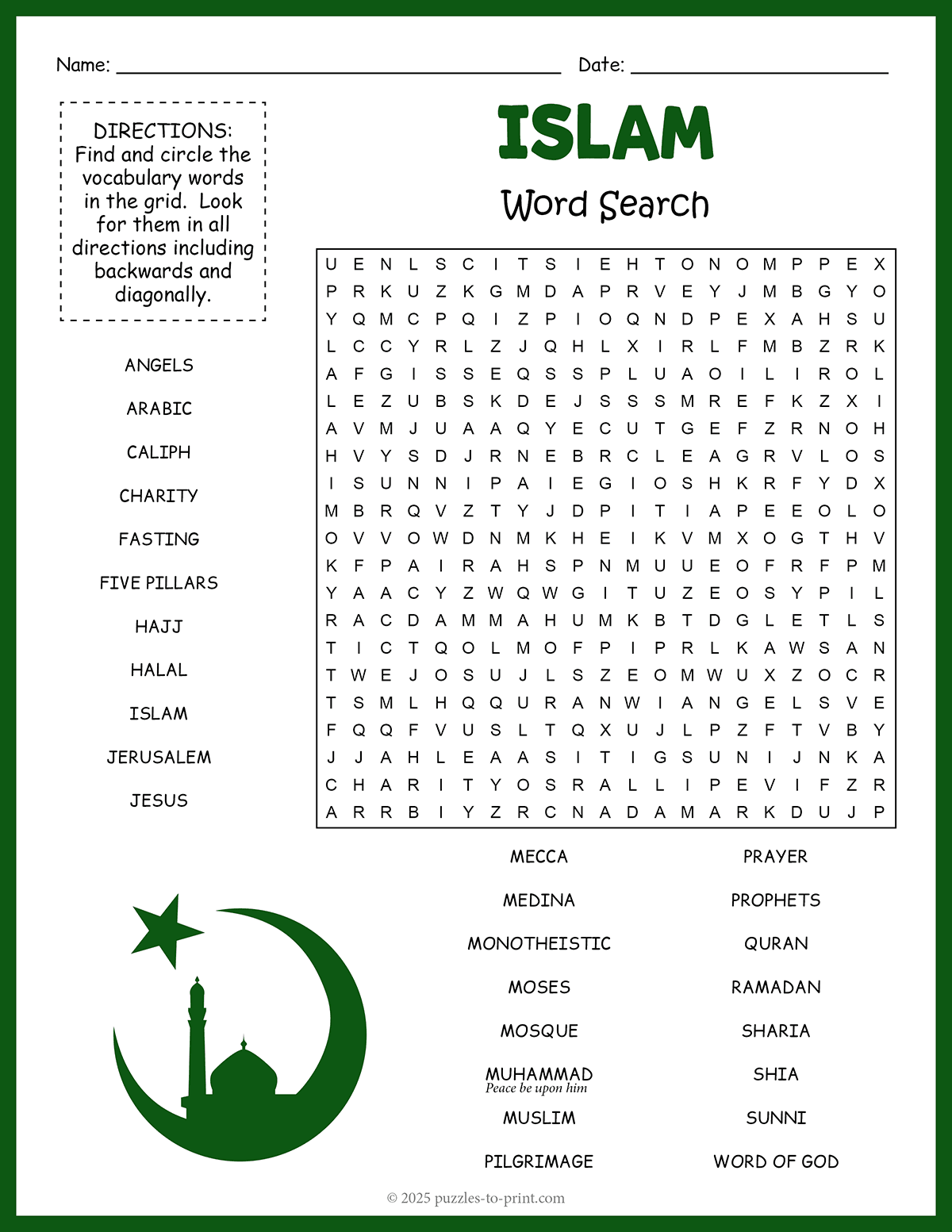 Free Printable Islam Word Search