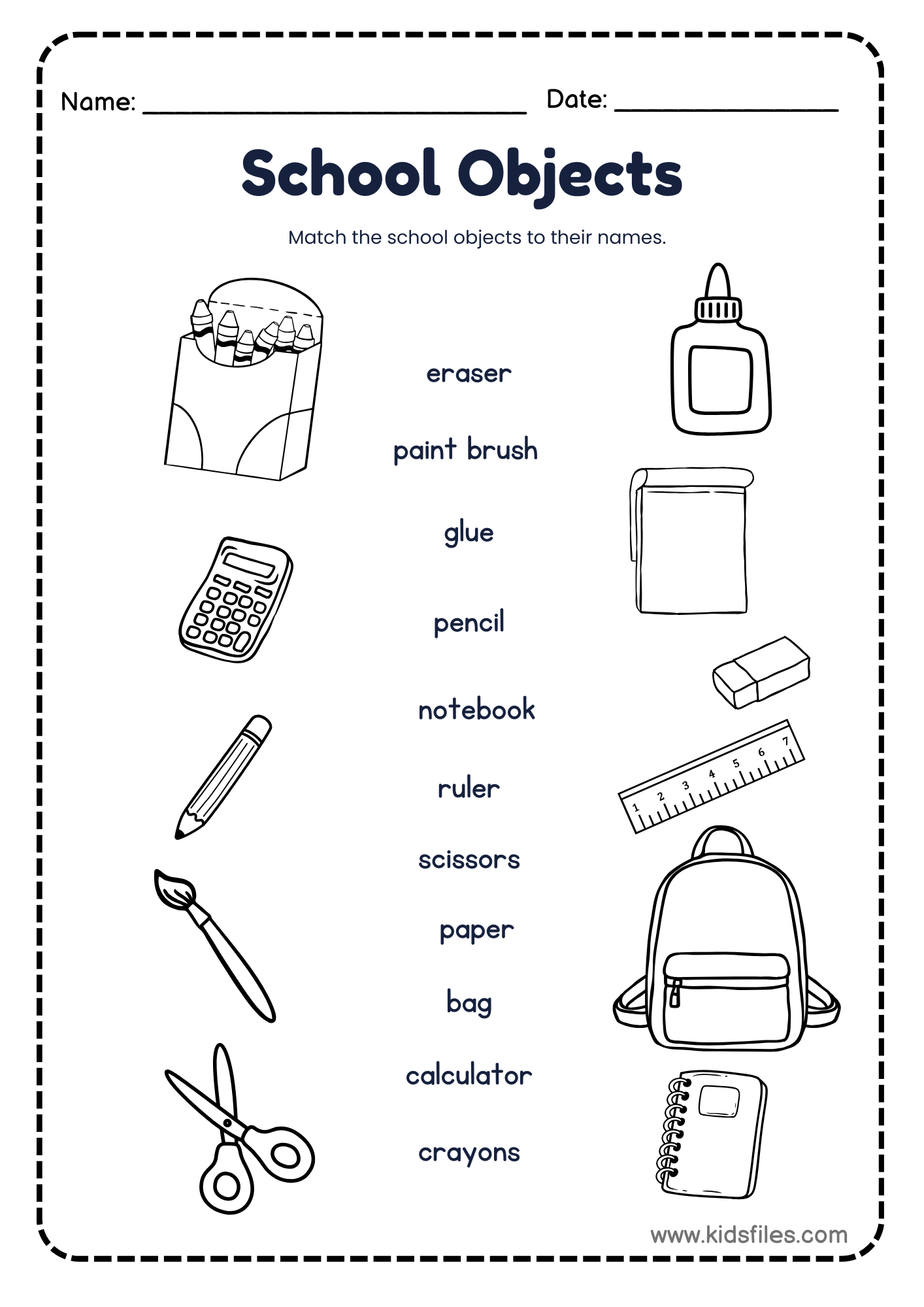 Free Printable School Objects Matching Worksheet For Little 