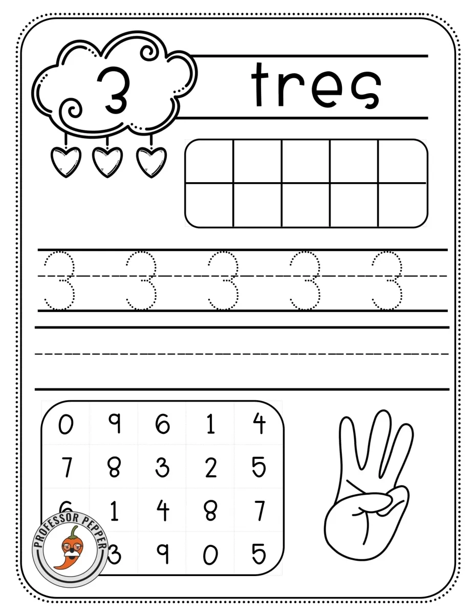 Free Spanish Numbers Practice Worksheets Hearts Edition 