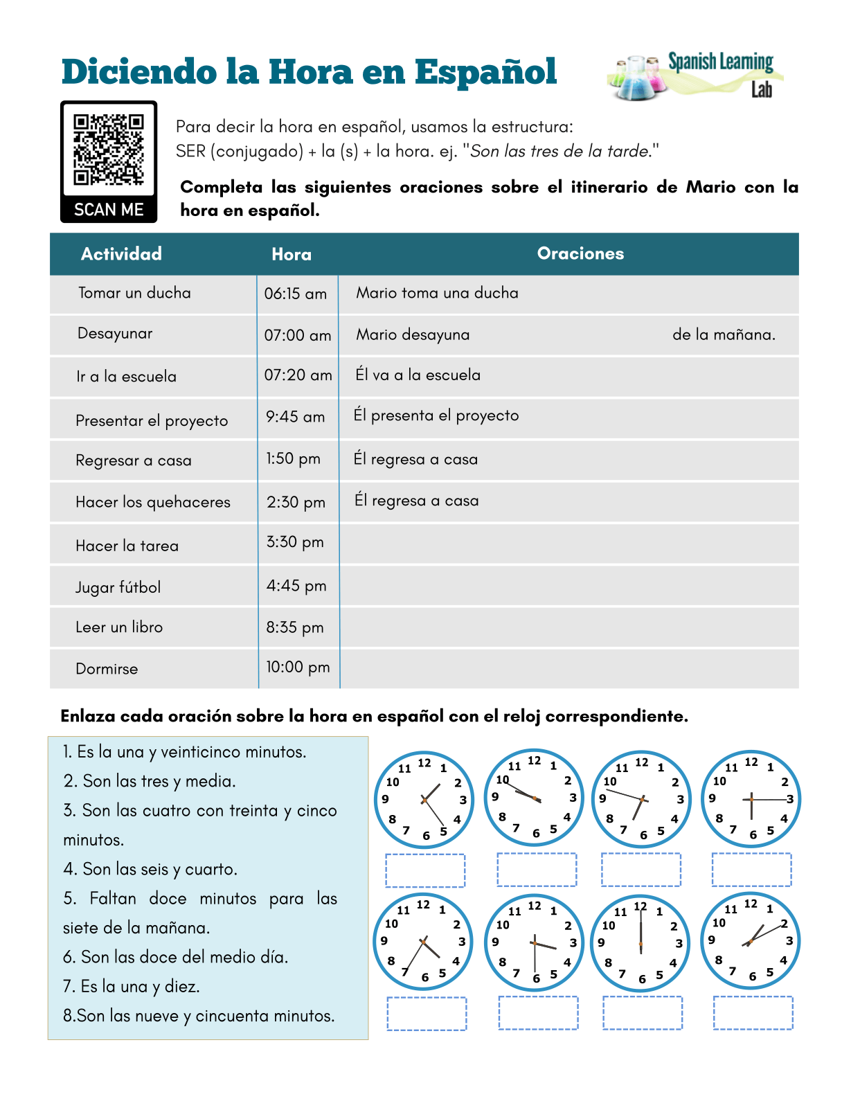 Spanish Telling Time Worksheets Printable