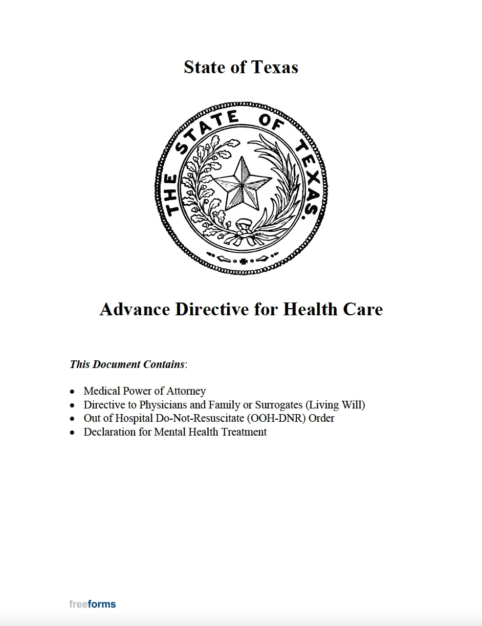 Free Texas Advance Directive Form Medical POA amp Living Will 