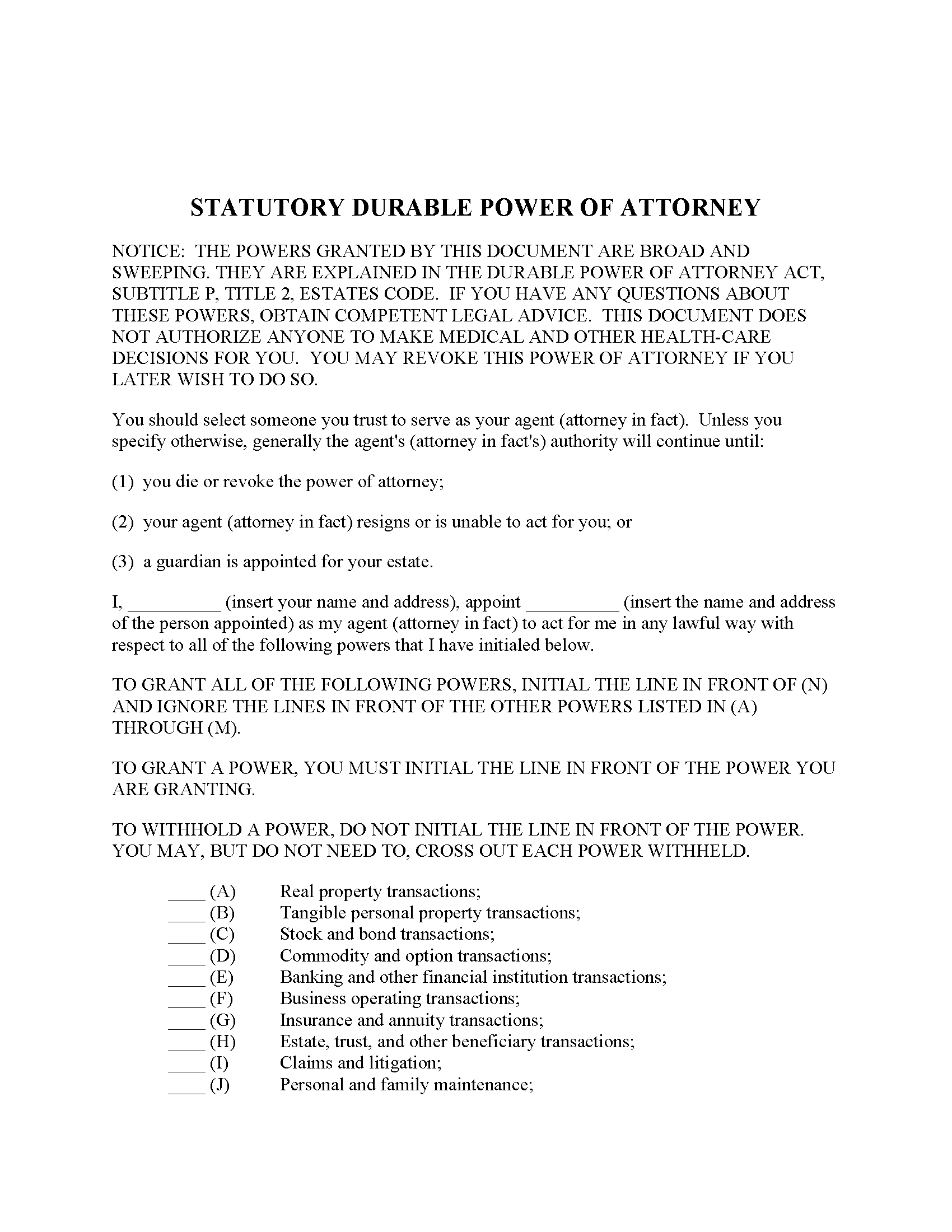 Texas Power Of Attorney Form Free Printable