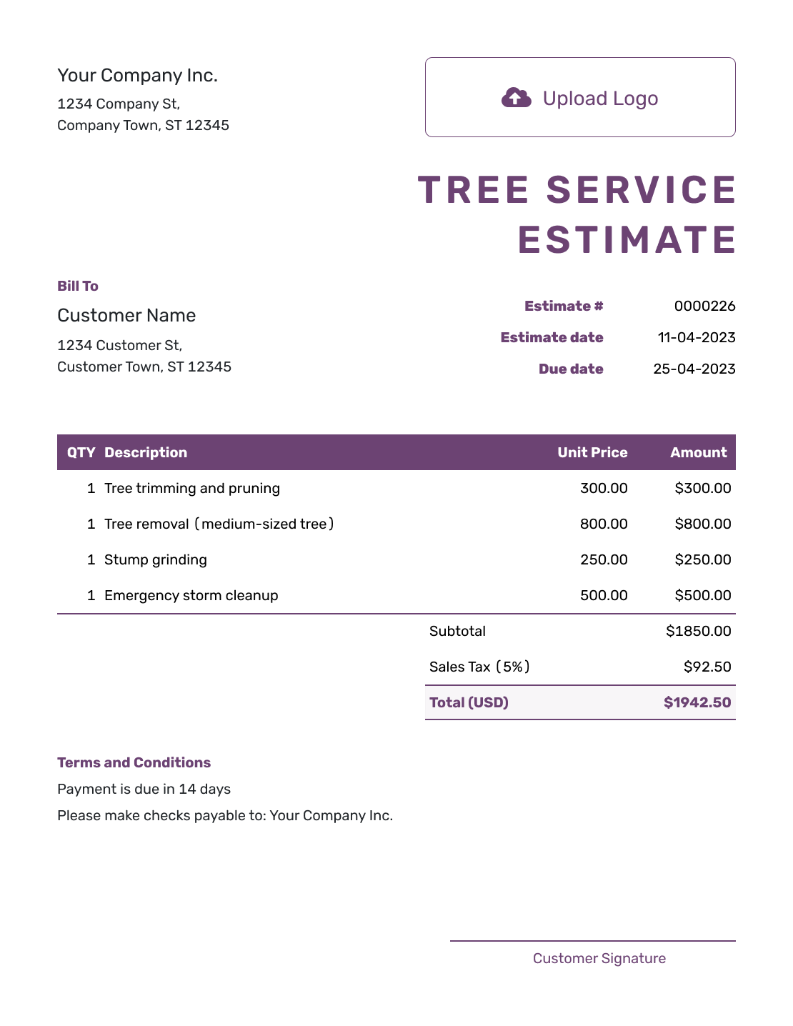 Free Tree Service Estimate Template Docelf