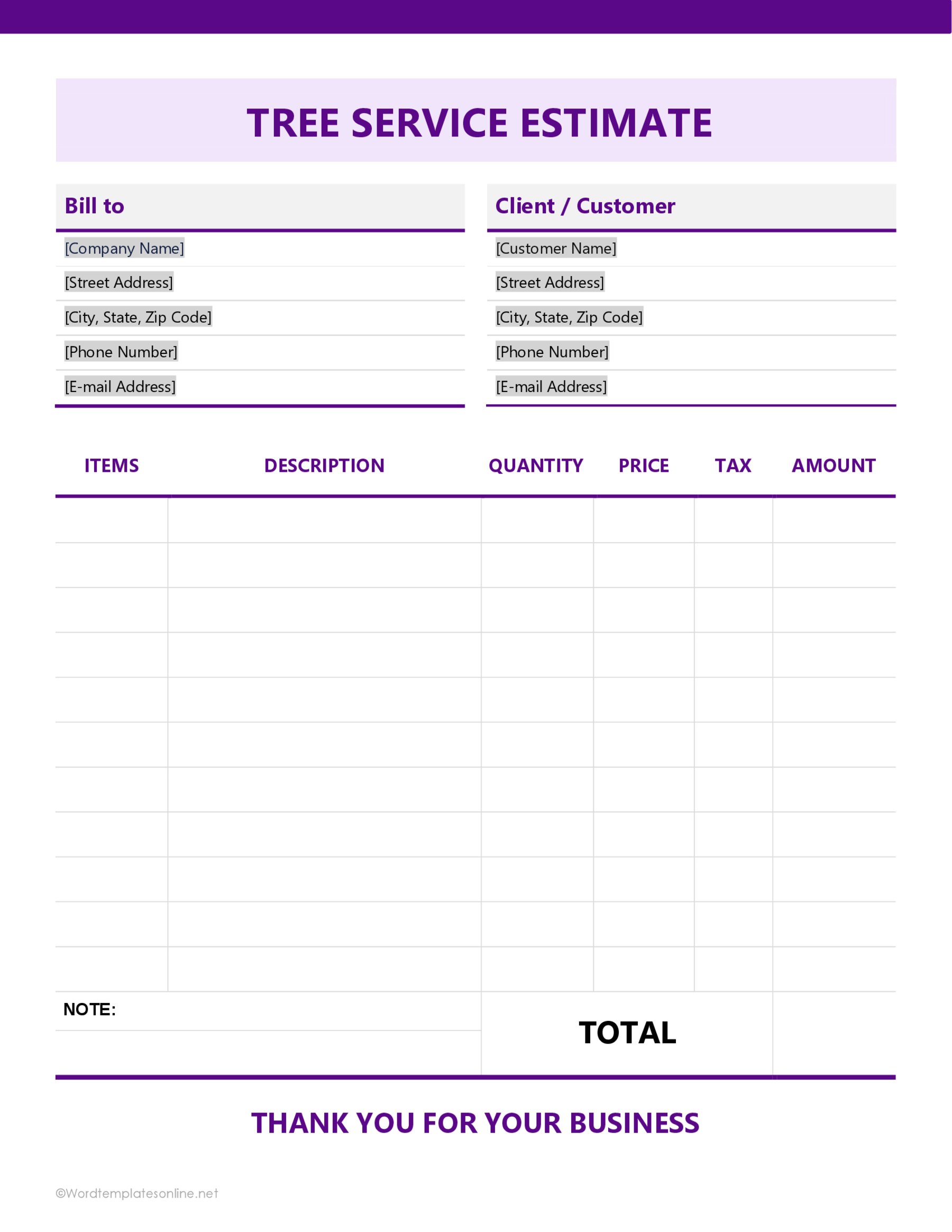 Printable Tree Service Estimate Template