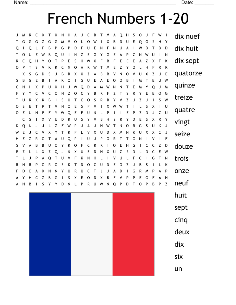 French Numbers 1 20 Word Search WordMint