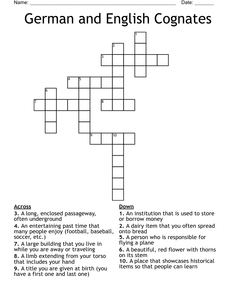 German And English Cognates Crossword WordMint
