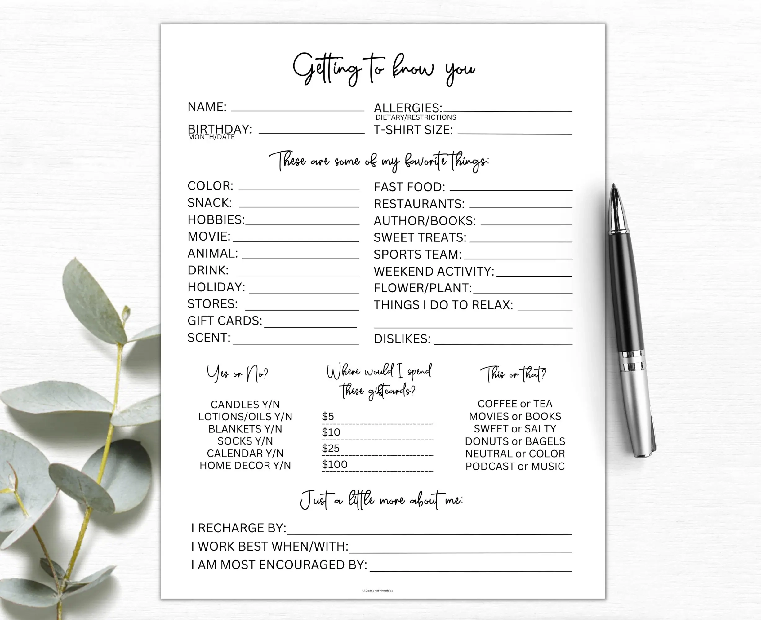 Getting To Know You Printable Coworker Questions All About Me 