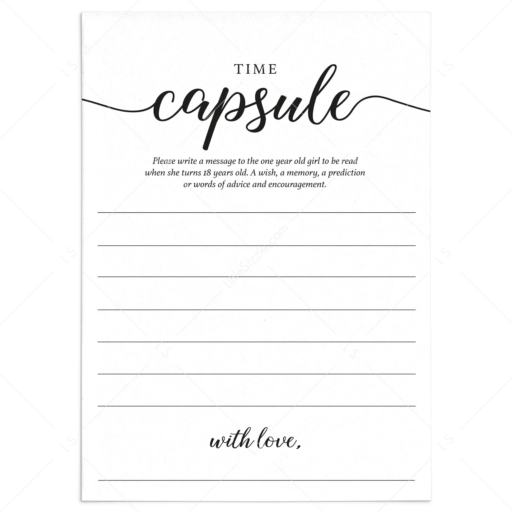 Girl First Birthday Time Capsule Cards Printable Instant Download