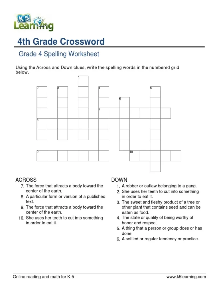Crossword Puzzles 4th Grade Printable