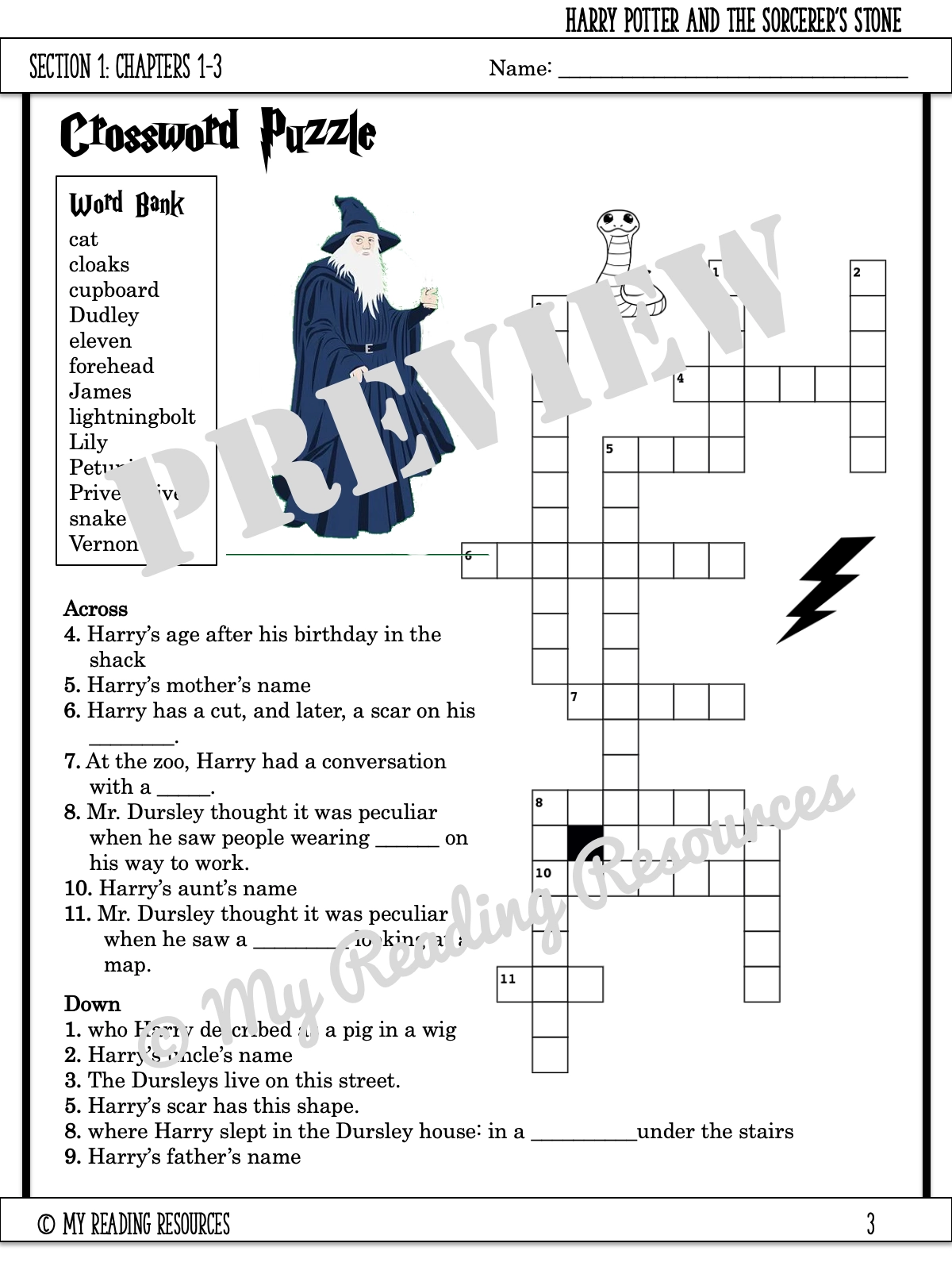 Harry Potter And The Sorcerer s Stone Section Quizzes amp Crossword Puzzles My Reading Resources