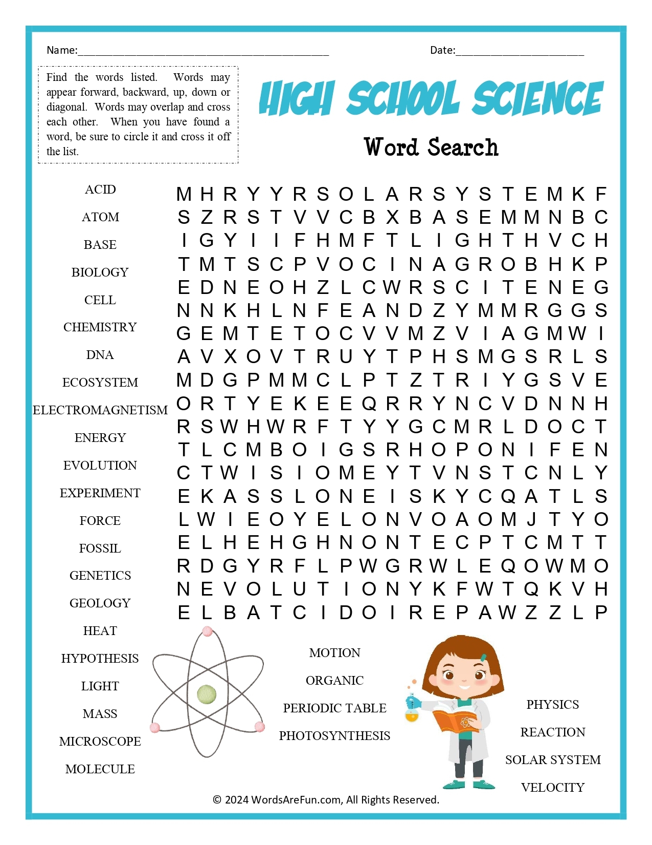 Science Word Search Free Printable