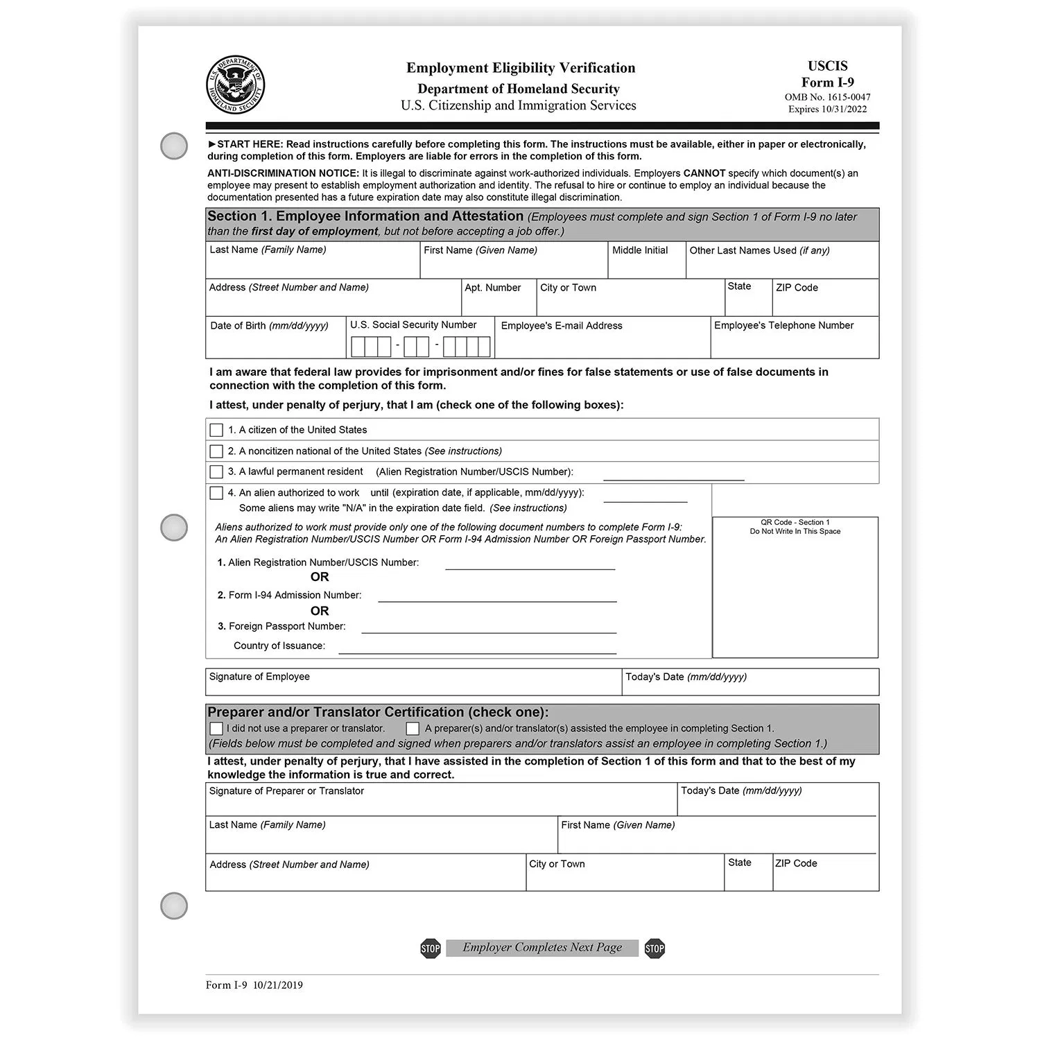 I 9 Employment Eligibility Verification 1 part Paper Forms 100 