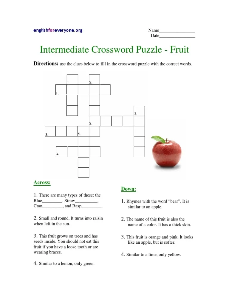 Intermediate Crossword Puzzle Fruit PDF Language Arts 