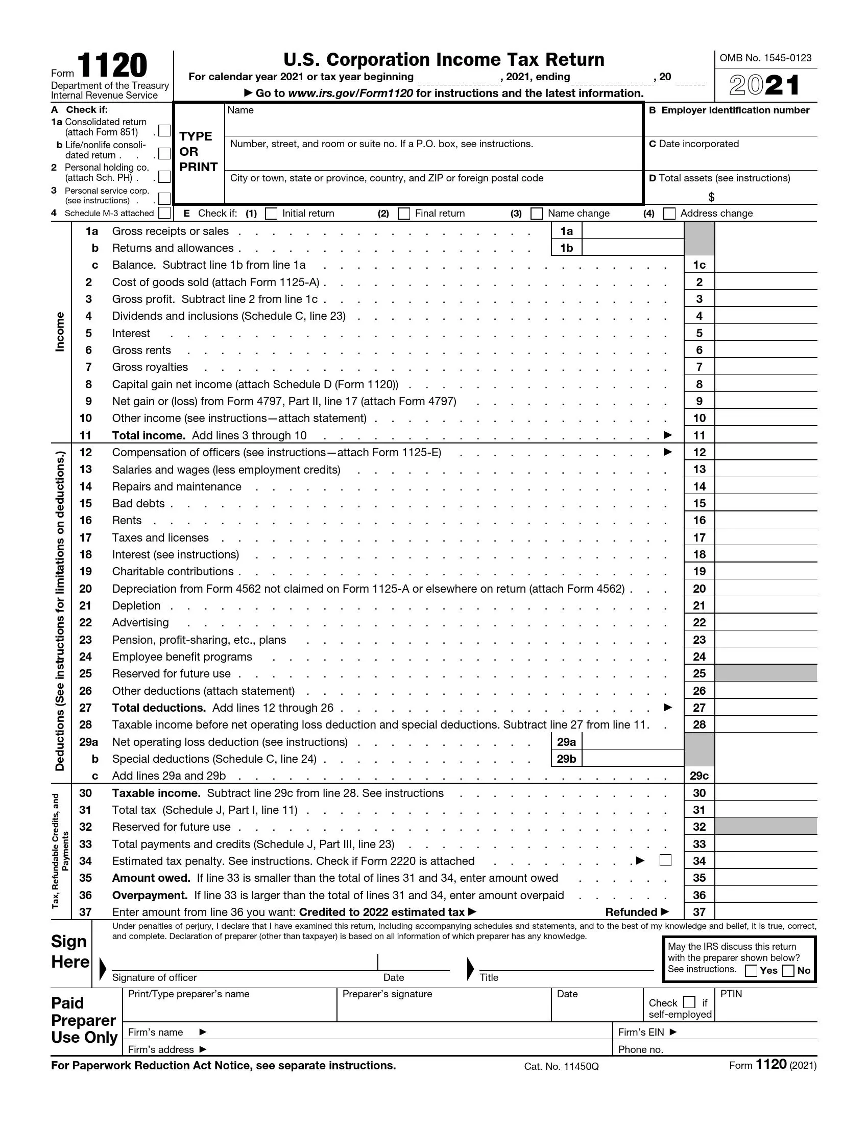 IRS Form 1120 Fill Out Printable PDF Forms Online