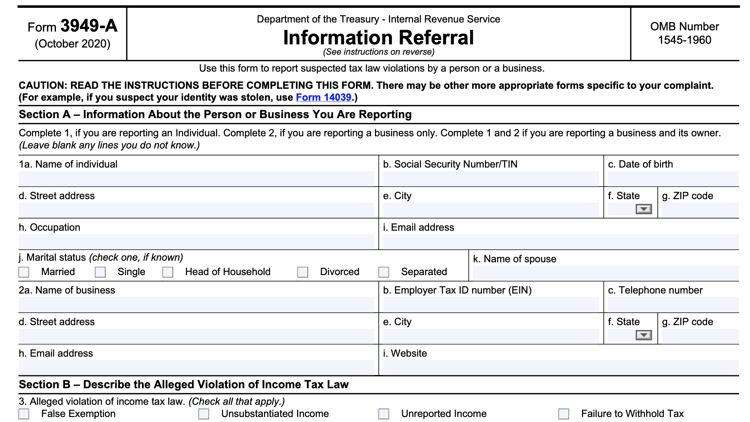 IRS Form 3949 A Instructions
