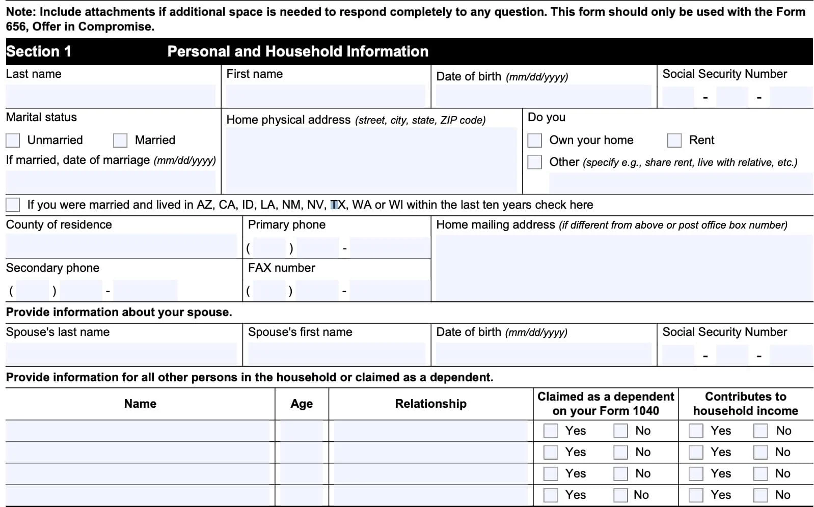 IRS Form 433 A Instructions Collection Information Statement