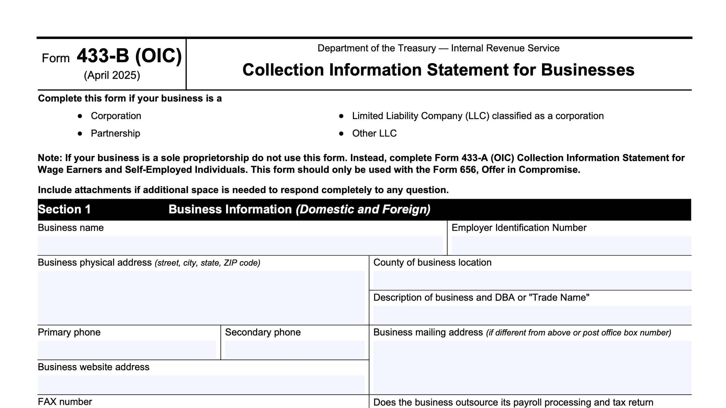 IRS Form 433 B Instructions Collection Statement For Businesses