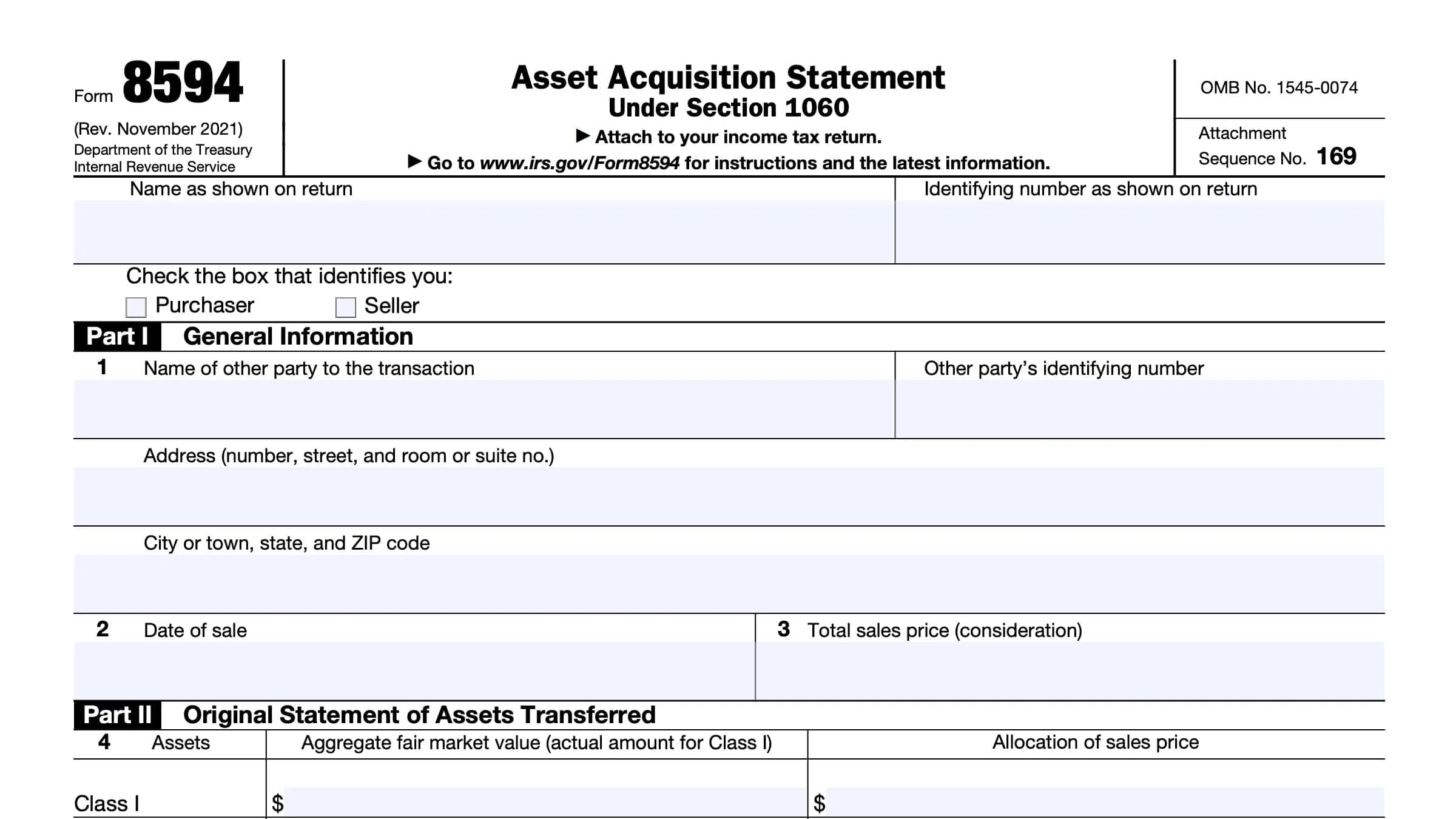 IRS Form 8594 Instructions Asset Acquisition Statement