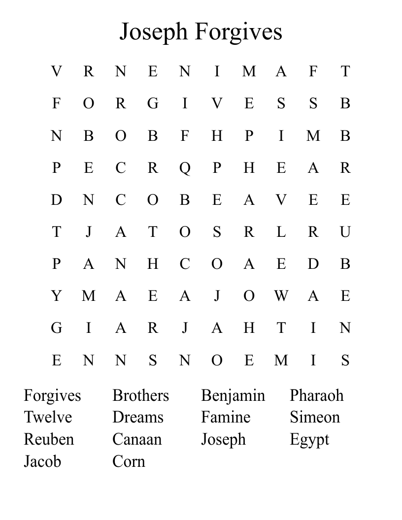 Joseph Forgives Word Search WordMint