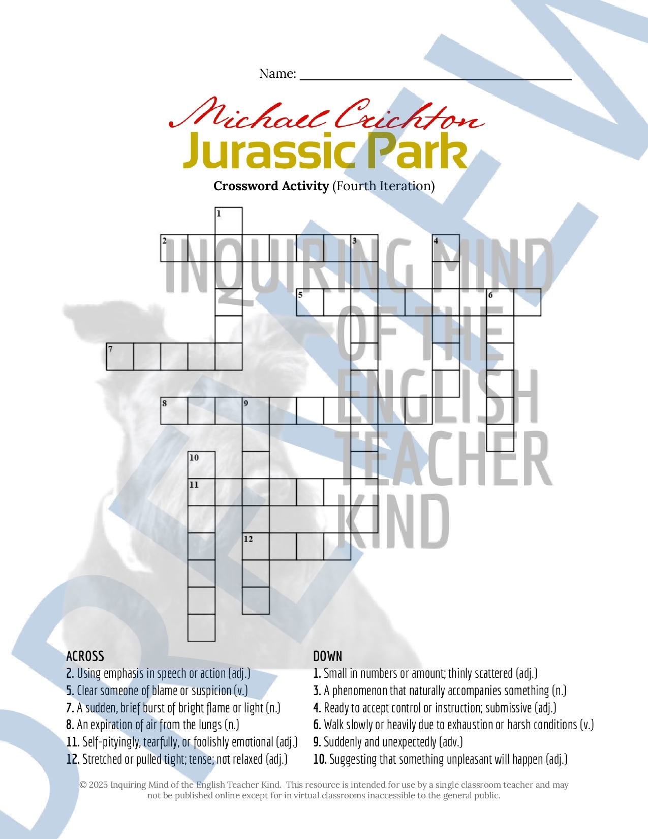 Jurassic Park By Michael Crichton Vocabulary Games Fourth 