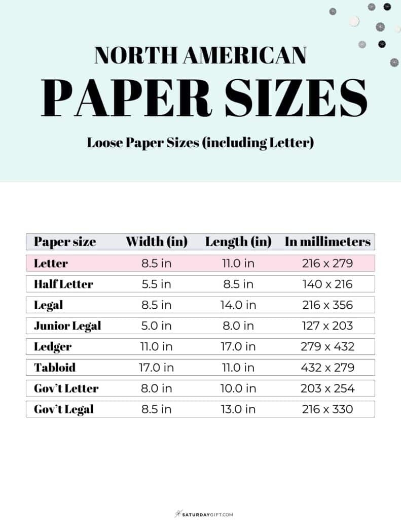 Letter Paper Size Chart