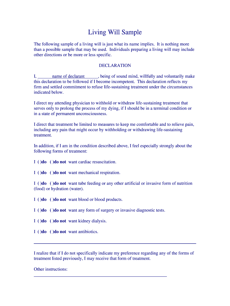 Living Will Sample Form Fill Online Printable Fillable Blank 