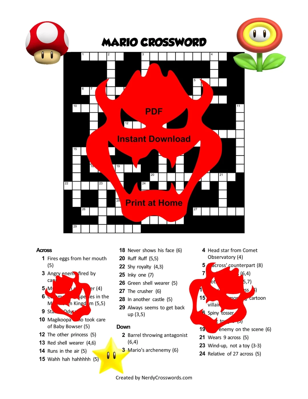 Mario Crossword Digital Download Easy Simple Basic Crossword 