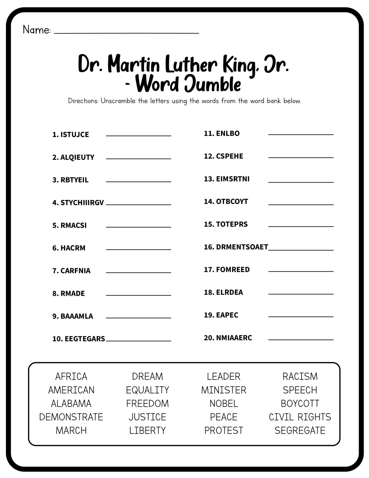 Martin Luther King Free Printable Worksheets