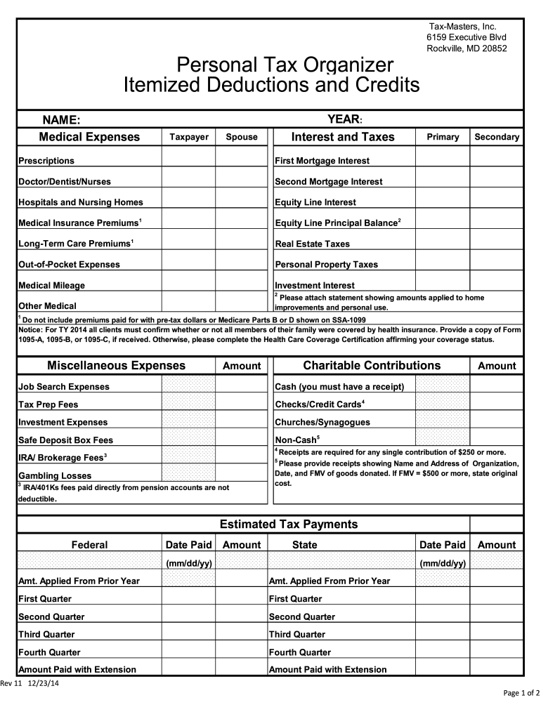 MD Tax Masters Personal Tax Organizer Itemized Form Fill Online 
