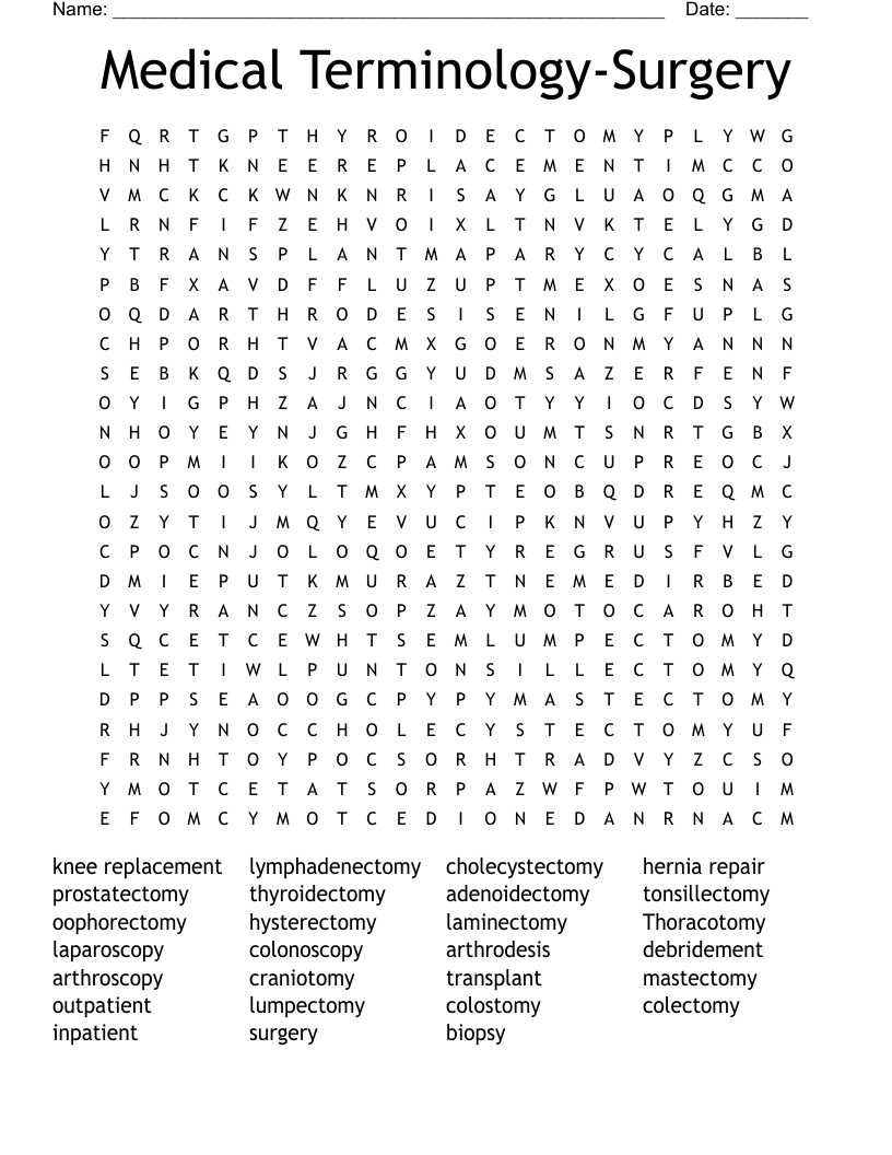 Medical Terminology Surgery Word Search WordMint