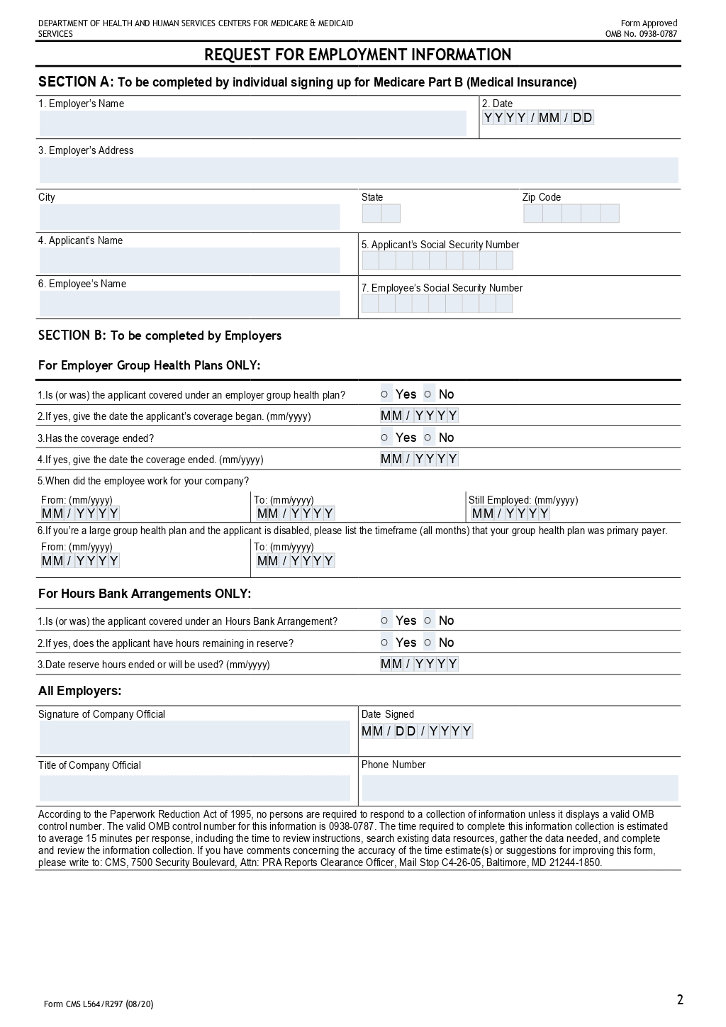 Medicare Employment Verification Form Printable
