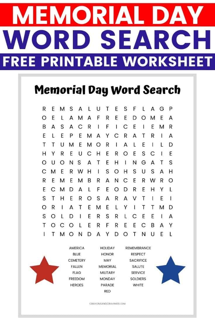 Memorial Day Word Search FREE Printable Worksheet