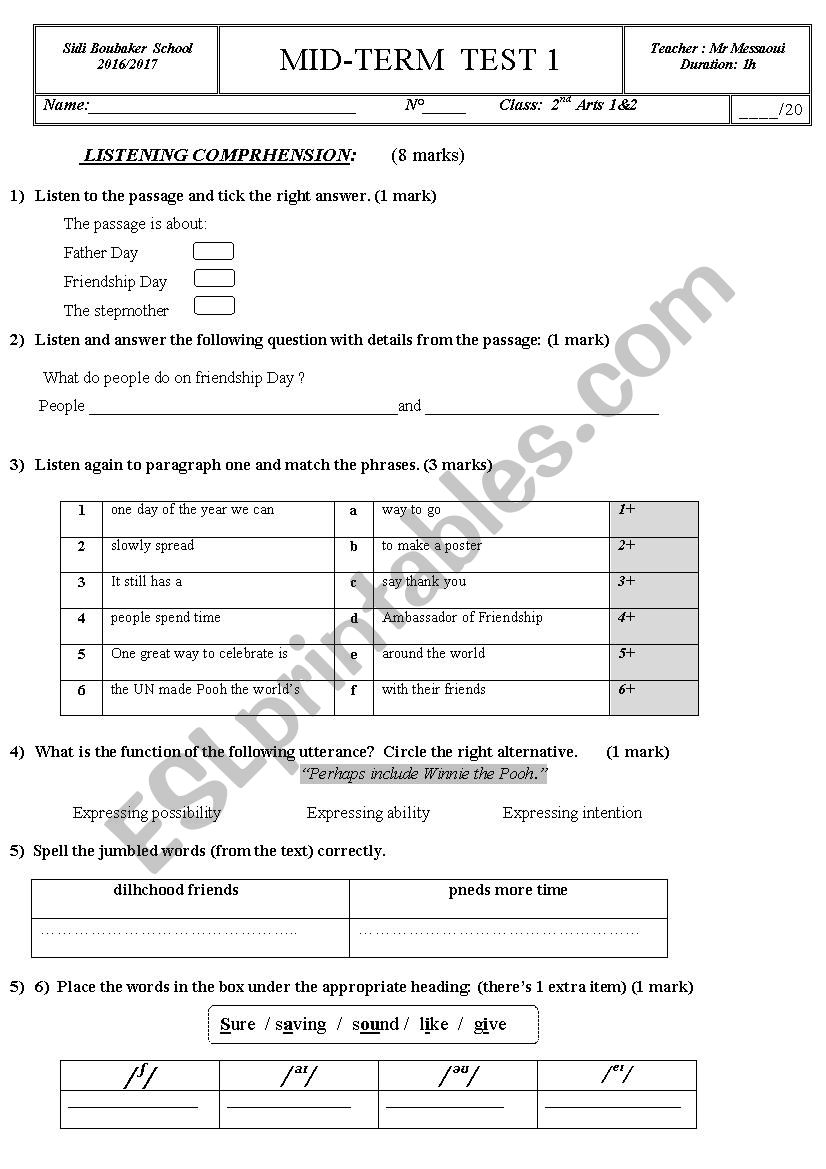 Form 2 Term 1 Mid Term Exam