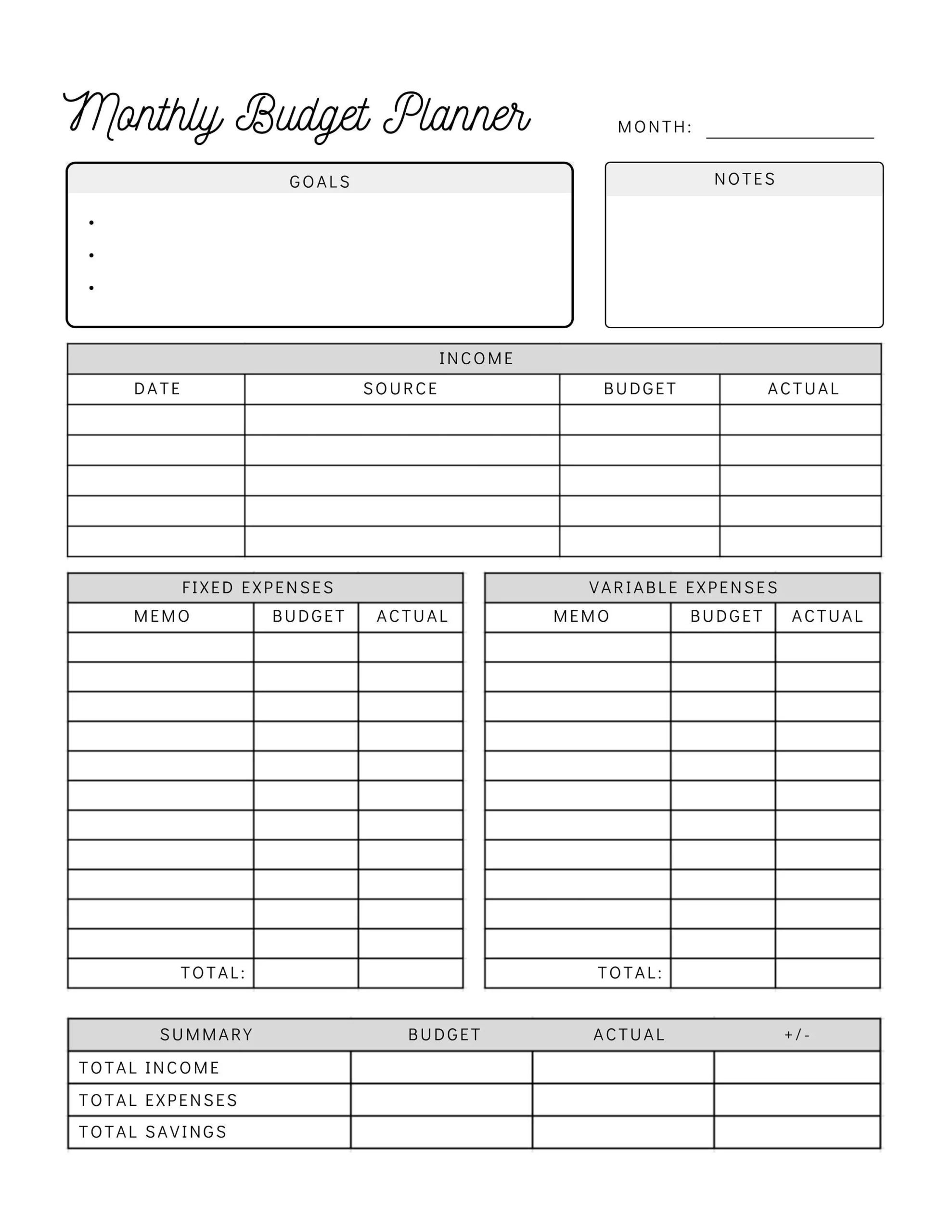 Printable Personal Budget Template