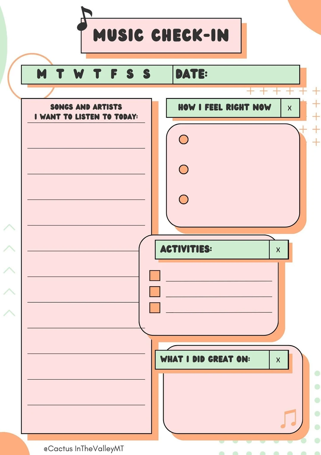 Music Therapy Check in Worksheet Orange Cream mint Introduction 
