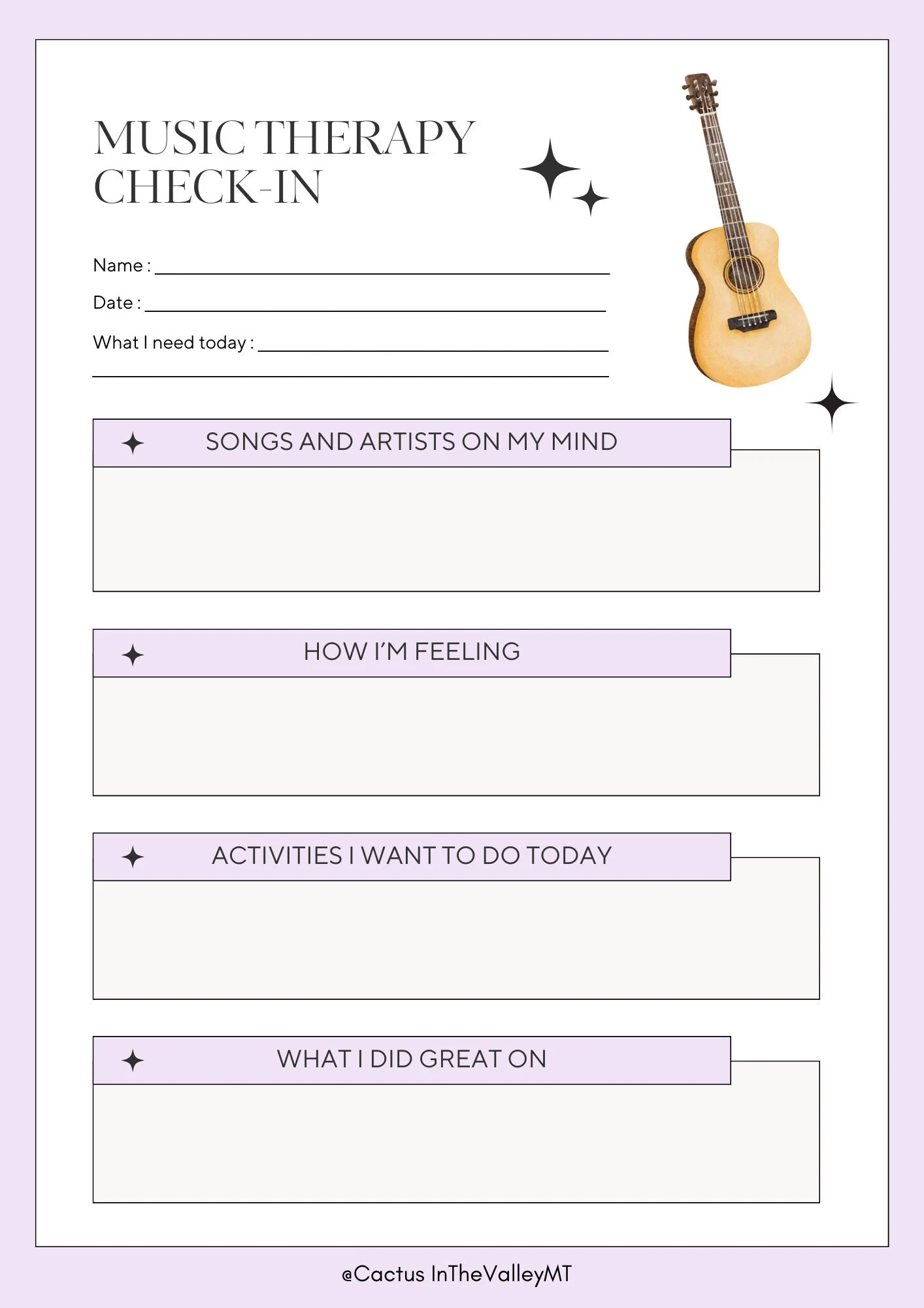 Music Therapy Check in Worksheet Purple Introduction Intervention 