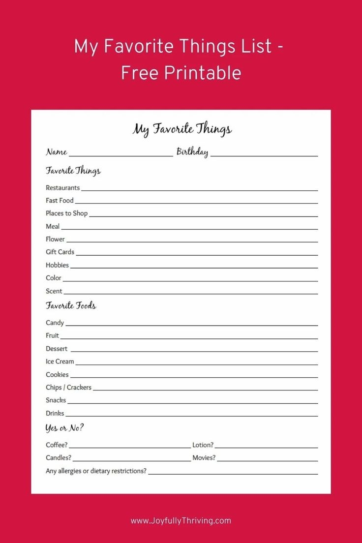 My Favorite Things Free Printable