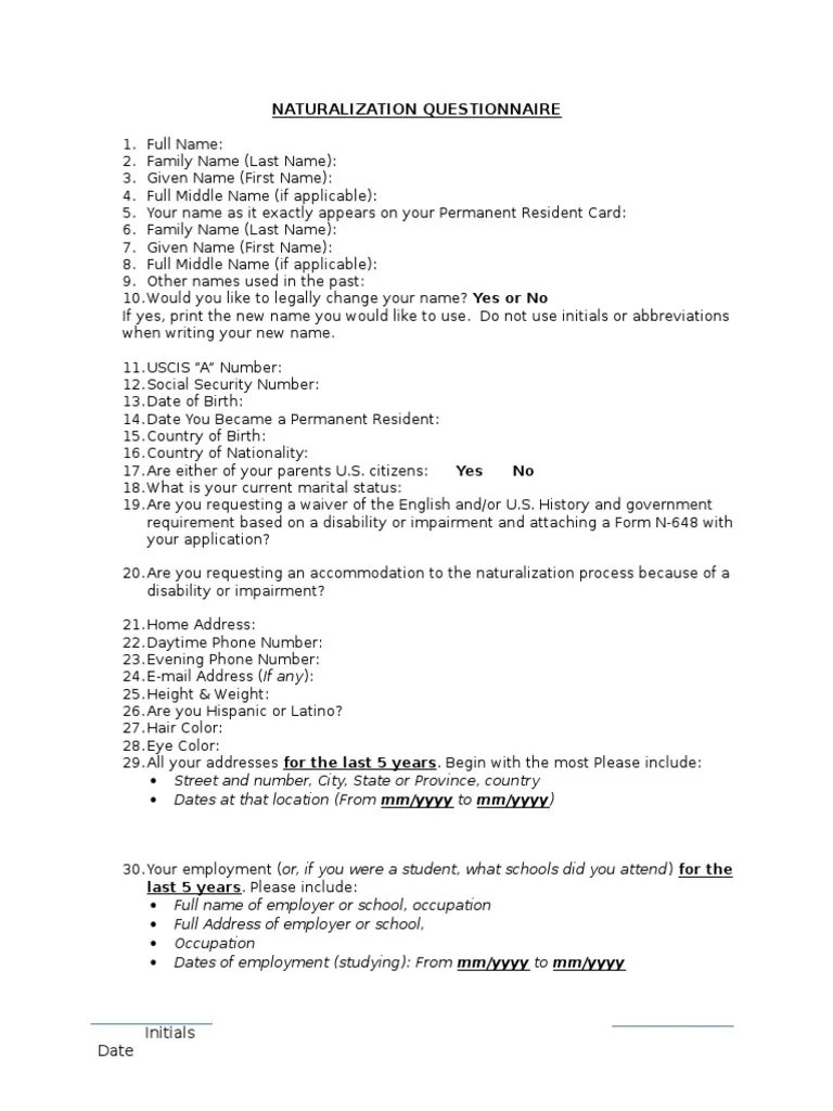 N 400 Questionnaire PDF Permanent Residence United States 