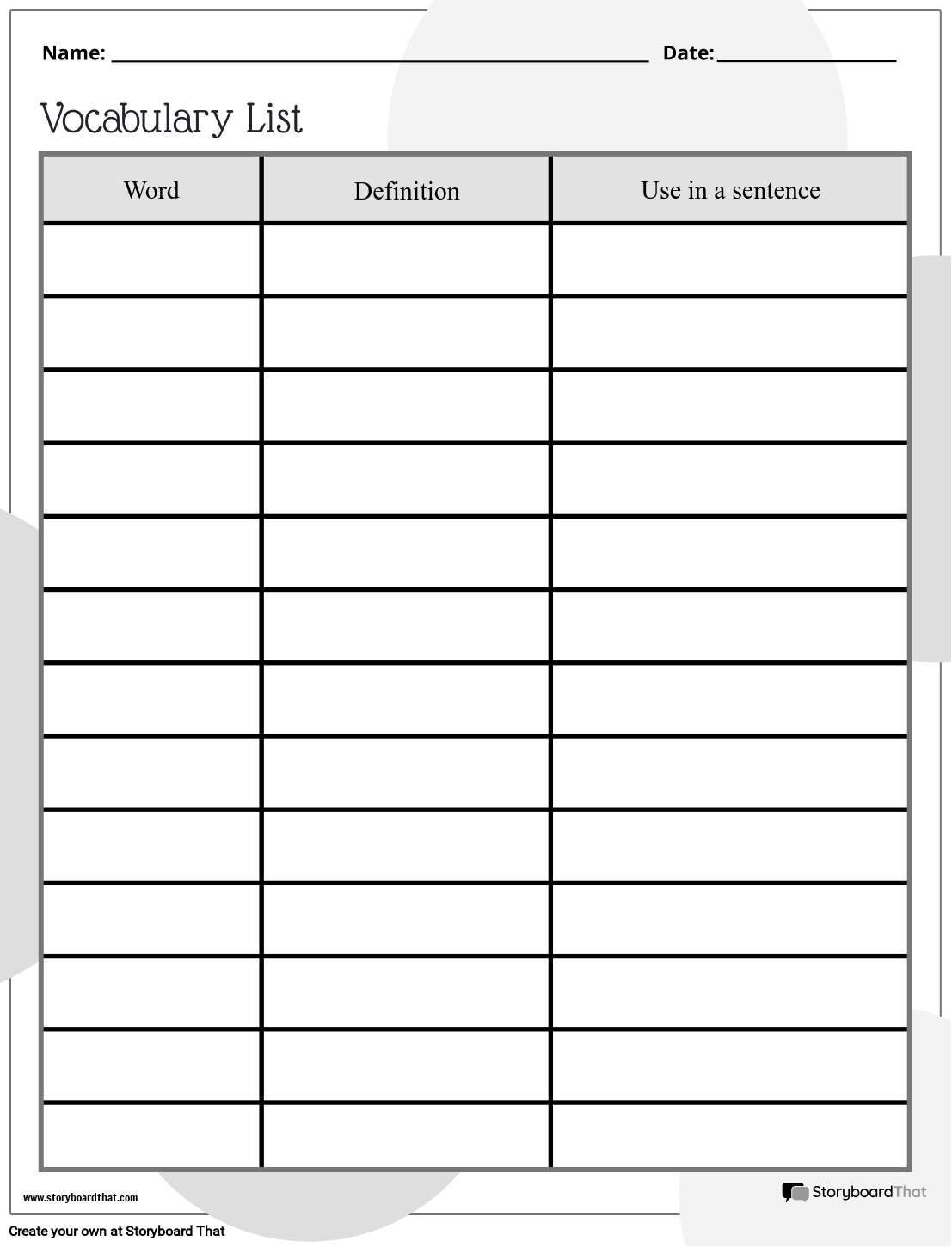 New Create Page Vocabulary Template 2 Black amp White 